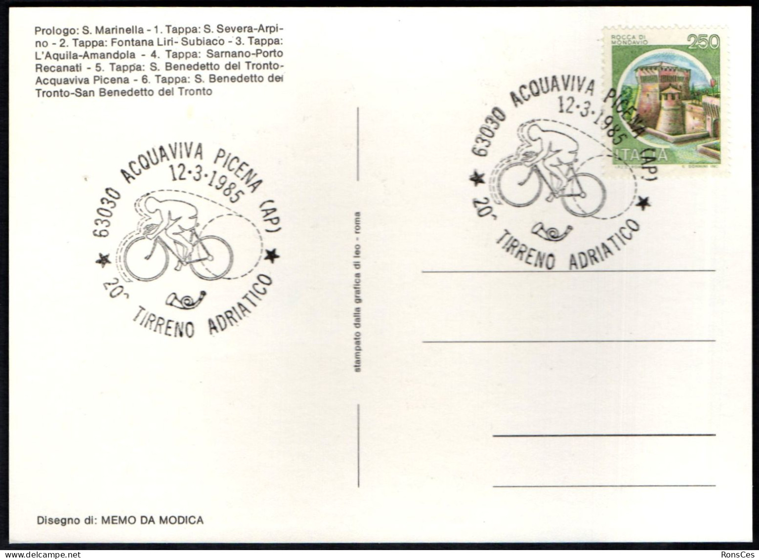 CYCLING - ITALIA ACQUAVIVA PICENA (AP) 1985 - 20^ TIRRENO ADRIATICO - 6^ TAPPA - S. BENEDETTO DEL TRONTO / ACQUAVIVA - A - Radsport