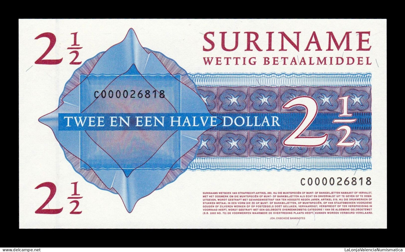 Surinam Suriname 2 1/2 Dollars (2004) Pick 156 Sc Unc - Surinam