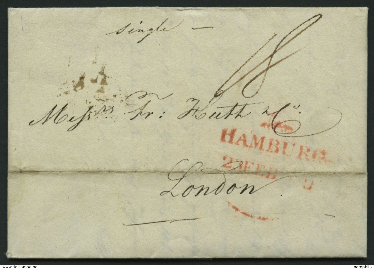 HAMBURG 1819, HAMBURG, Rote Sonderform Auf Brief, Handschriftlich Single, Nach London, Registraturbug, Feinst - Sonstige & Ohne Zuordnung