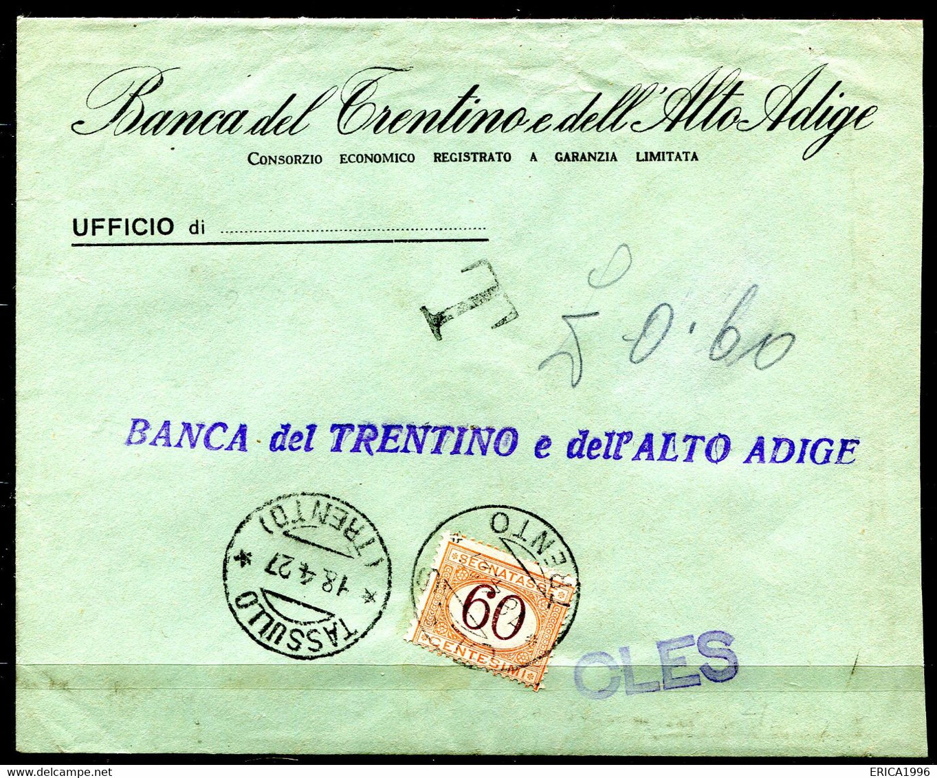 Z3472 ITALIA REGNO 1927 Lettera Affrancata Sul Retro Con C. 30 Da Tassullo (TN) Per Cles, Tassata In Arrivo Con Segnatas - Poststempel