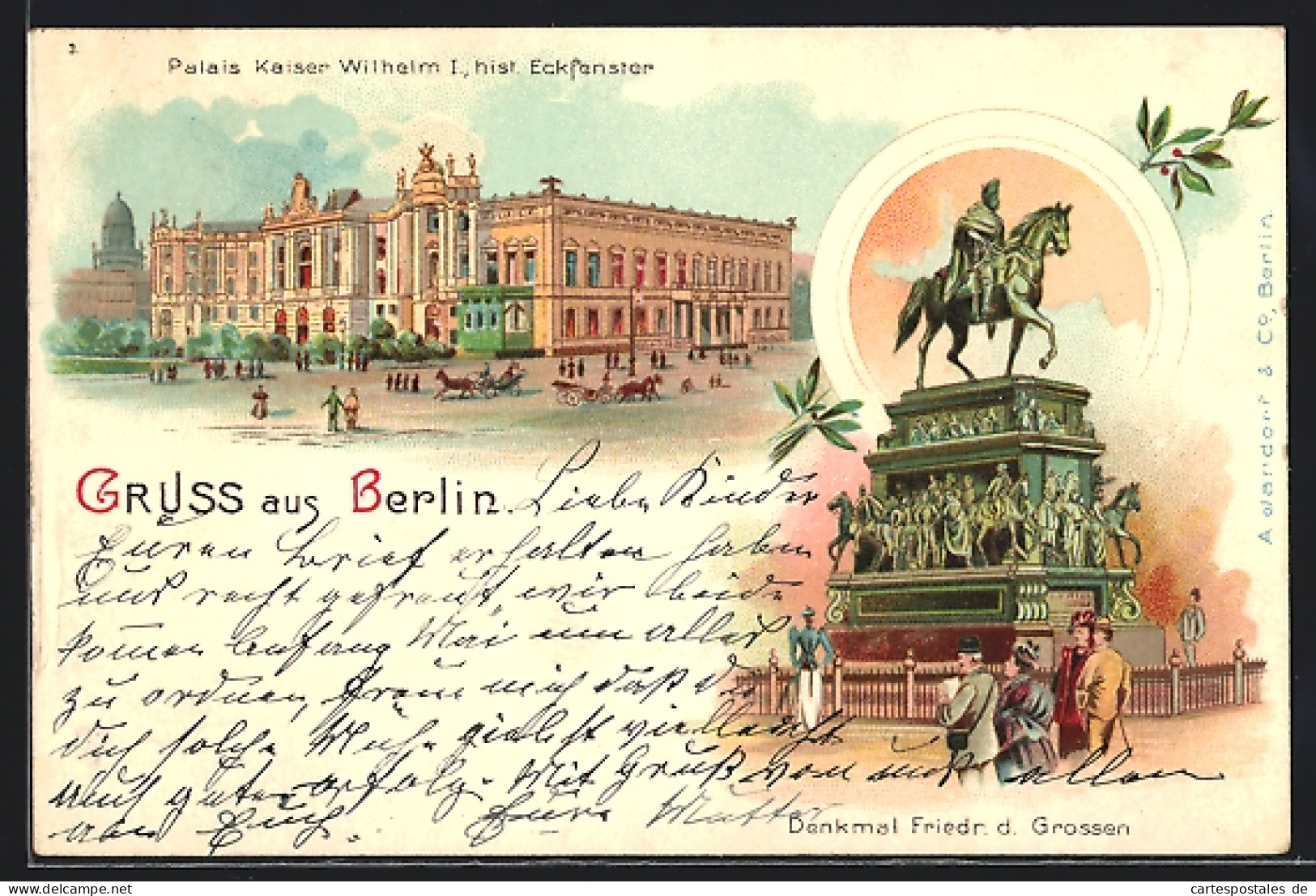 Lithographie Berlin, Panorama Palais Kaiser Wilhelm I., Denkmal Friedrich D. Grossen  - Mitte