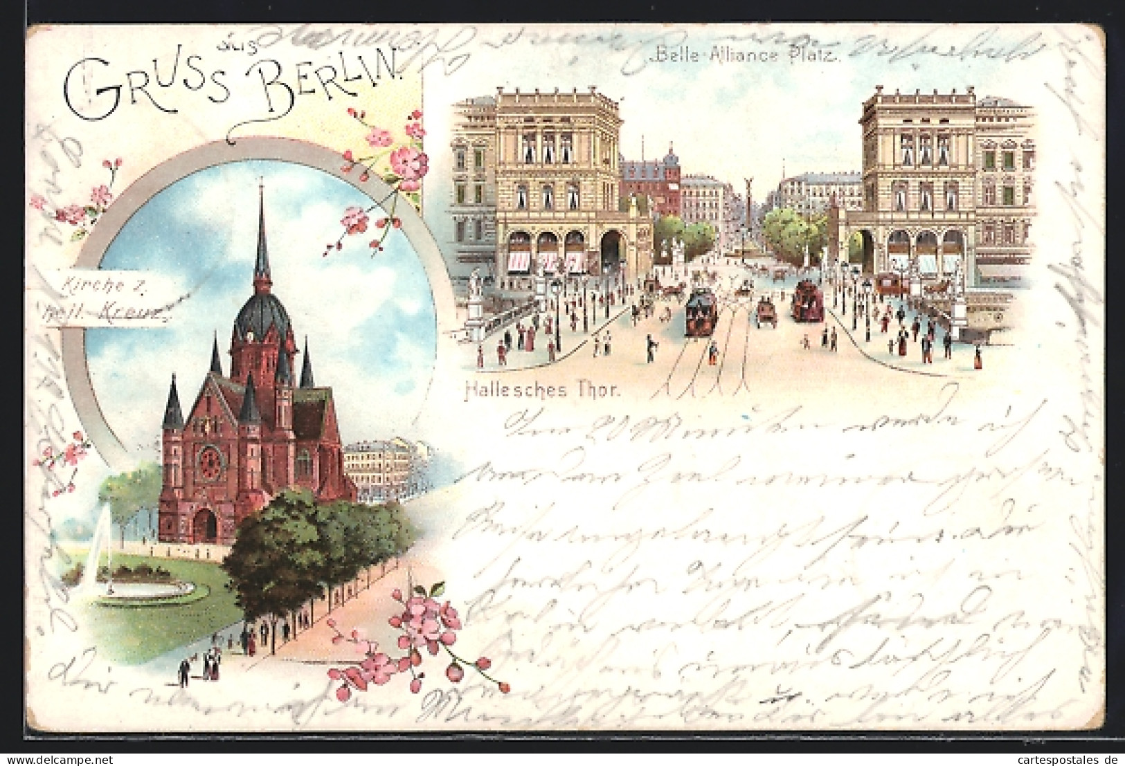 Lithographie Berlin, Belle-Alliance-Platz, Kirche Zum Heiligen Kreuz, Hallesches Thor  - Kreuzberg