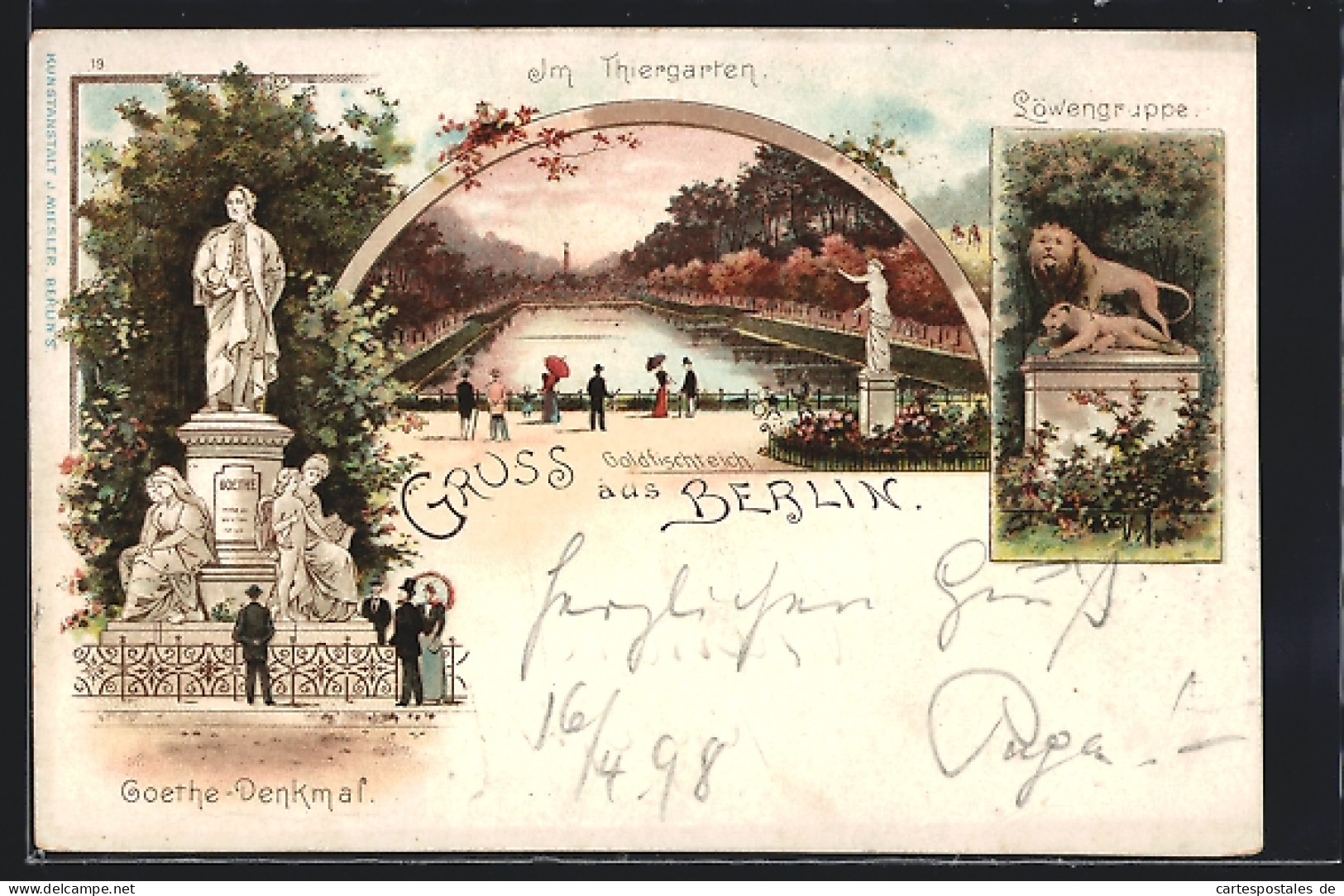 Lithographie Berlin-Tiergarten, Im Tiergarten, Goethe Denkmal, Goldfischteich, Löwengruppe  - Tiergarten
