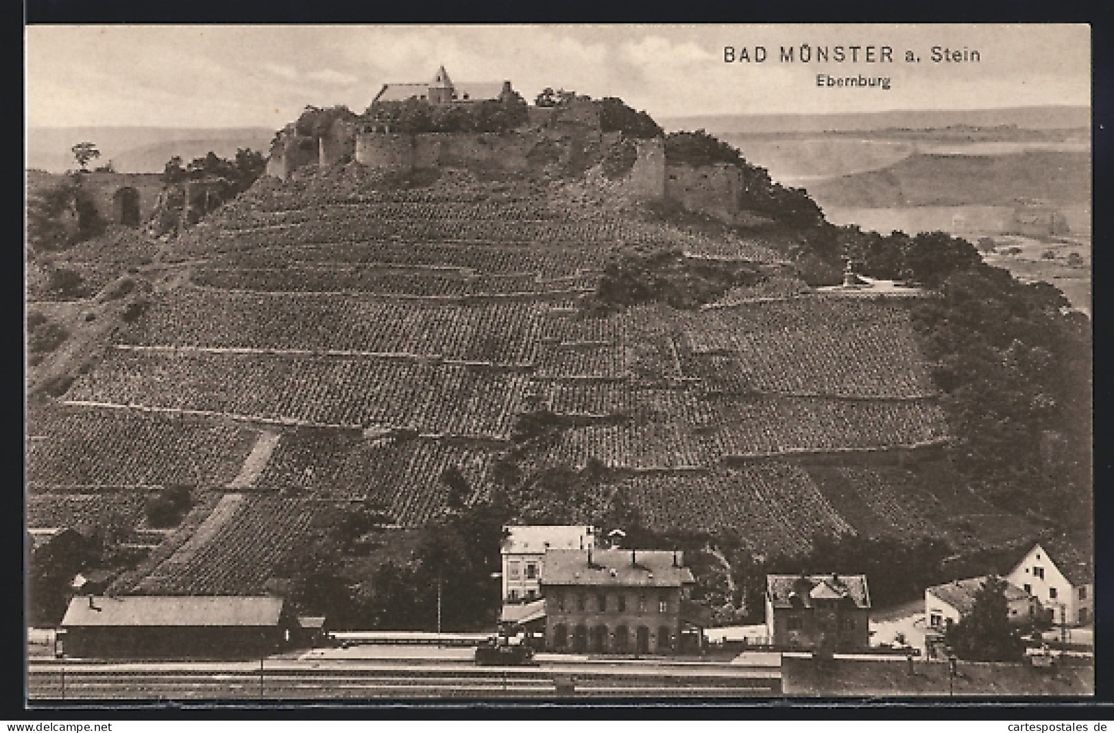 AK Bad Münster A. Stein, Ebernburg Mit Bahnhof Aus Der Vogelschau  - Bad Muenster A. Stein - Ebernburg