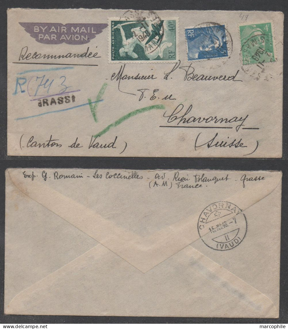 FRANCE - GRASSE / 1948 LETTRE RECOMMANDEE PROVISOIRE PAR AVION ==> SUISSE - CHAVORNAY  (ref 8184) - Covers & Documents