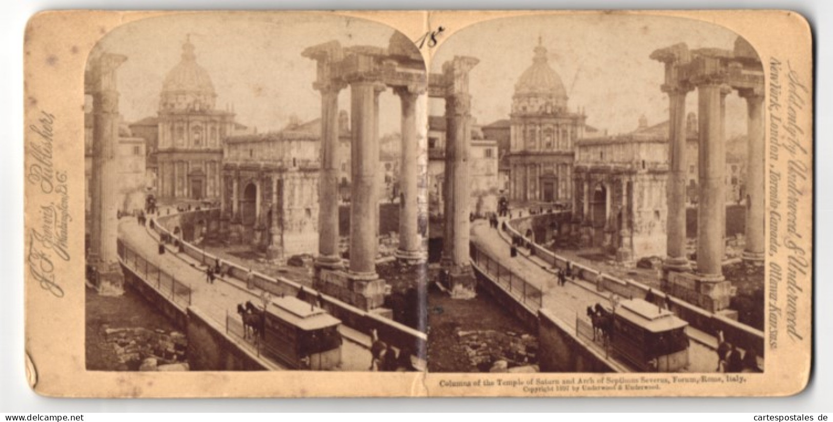 Stereo-Foto J. F. Jarvis, Washington, Ansicht Rome, Colums Of The TEmple Of Saturn, Forum, Pferdebahn  - Stereoscoop