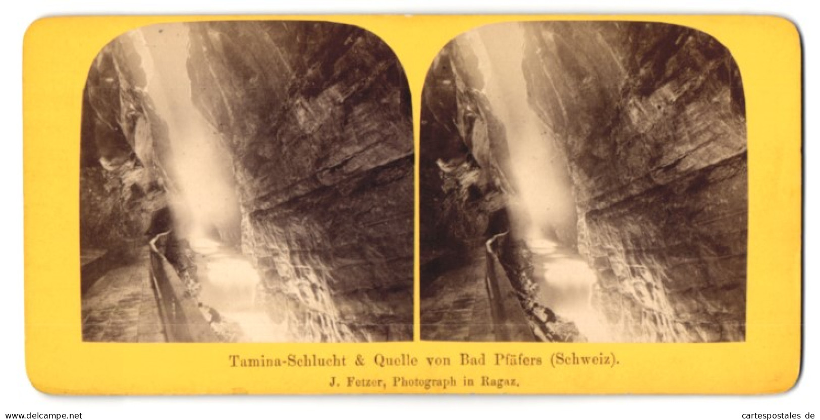 Stereo-Fotografie J. Fetzer, Ragaz, Ansicht Bad Pfäfers, Tamina-Schlucht Und Quelle  - Photos Stéréoscopiques