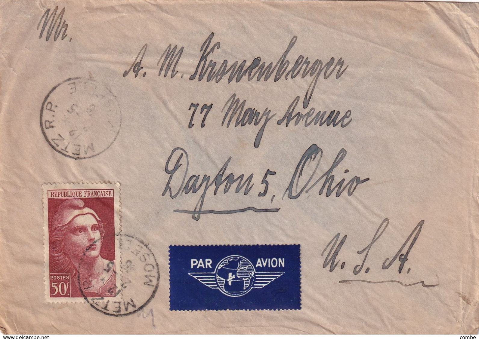 LETTRE. 12 MAI 1946. GANDON 50Fr. N° 732 SEUL. PAR AVION POUR ETRANGER. METZ-USA - 1921-1960: Modern Period