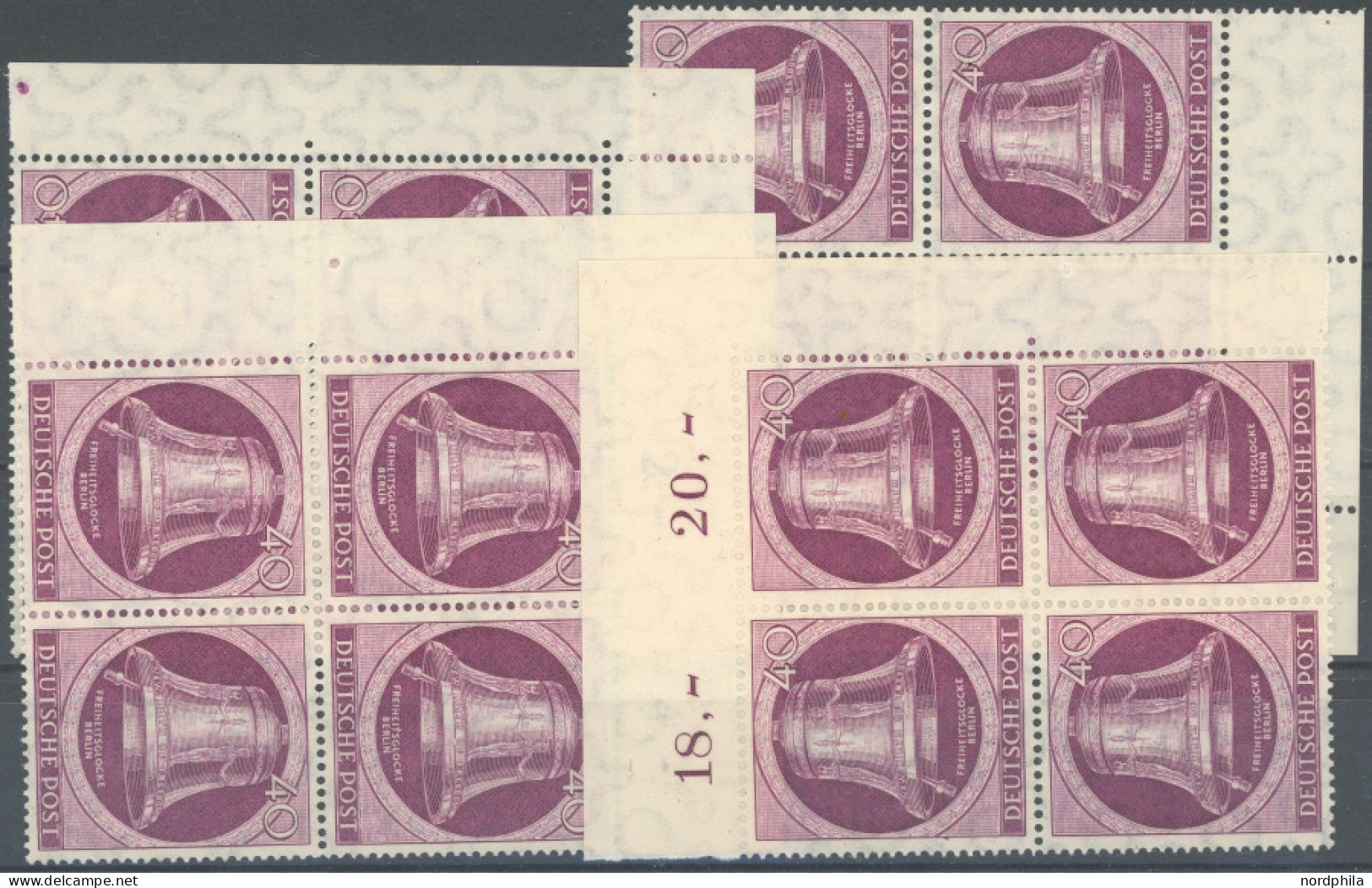 BERLIN 79  VB **, 1951, 40 Pf. Glocke Links, Alle 4 Bogenecken In Eckrandviererblocks, Postfrisch, Pracht - Sonstige & Ohne Zuordnung