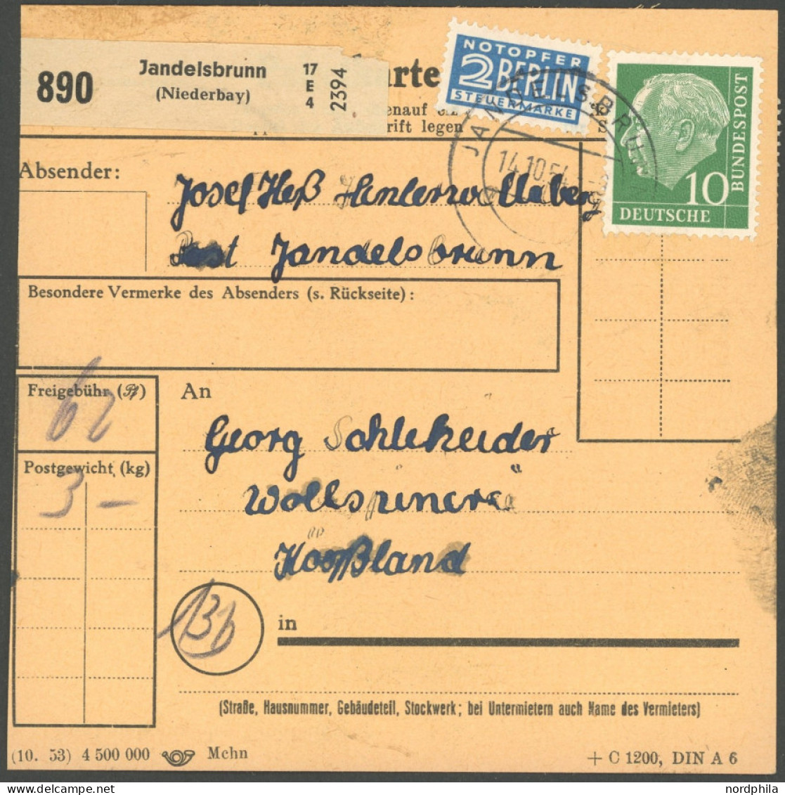 BUNDESREPUBLIK 126 BRIEF, 1954, 6 Pf. Posthorn Im Achterblock Und Waagerechten Paar Rückseitig Mit 10 Pf. Heuss Zusatzfr - Other & Unclassified