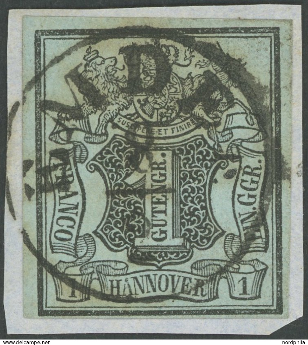 HANNOVER 1 BrfStk, 1850, 1 Ggr. Schwarz Auf Graublau, Zentrischer L1 EMDEN, Prachtbriefstück - Hanover