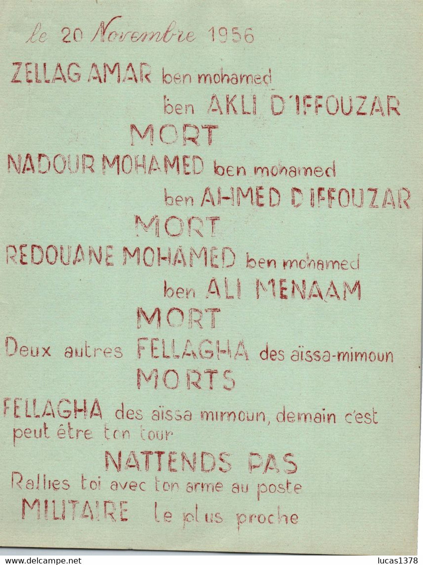 TRACT PROPAGANDE OAS  GUERRE D ALGERIE / FLN / FELLAGHAS - Historische Documenten