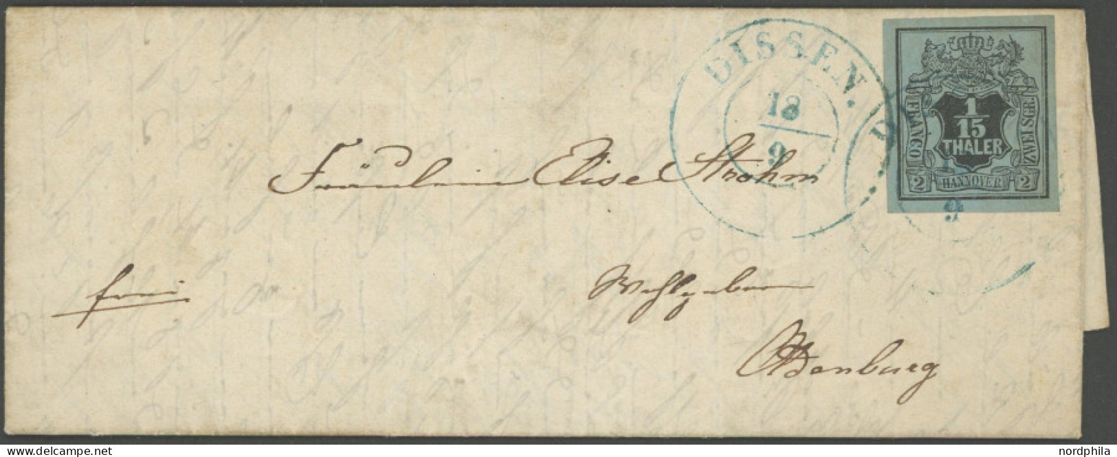 HANNOVER 4 BRIEF, 1854, 1/15 Th. Schwarz Auf Graublau, Breitrandiges Prachtstück Mit Blauem K2 DISSEN Auf Kleinem Brief  - Hanovre