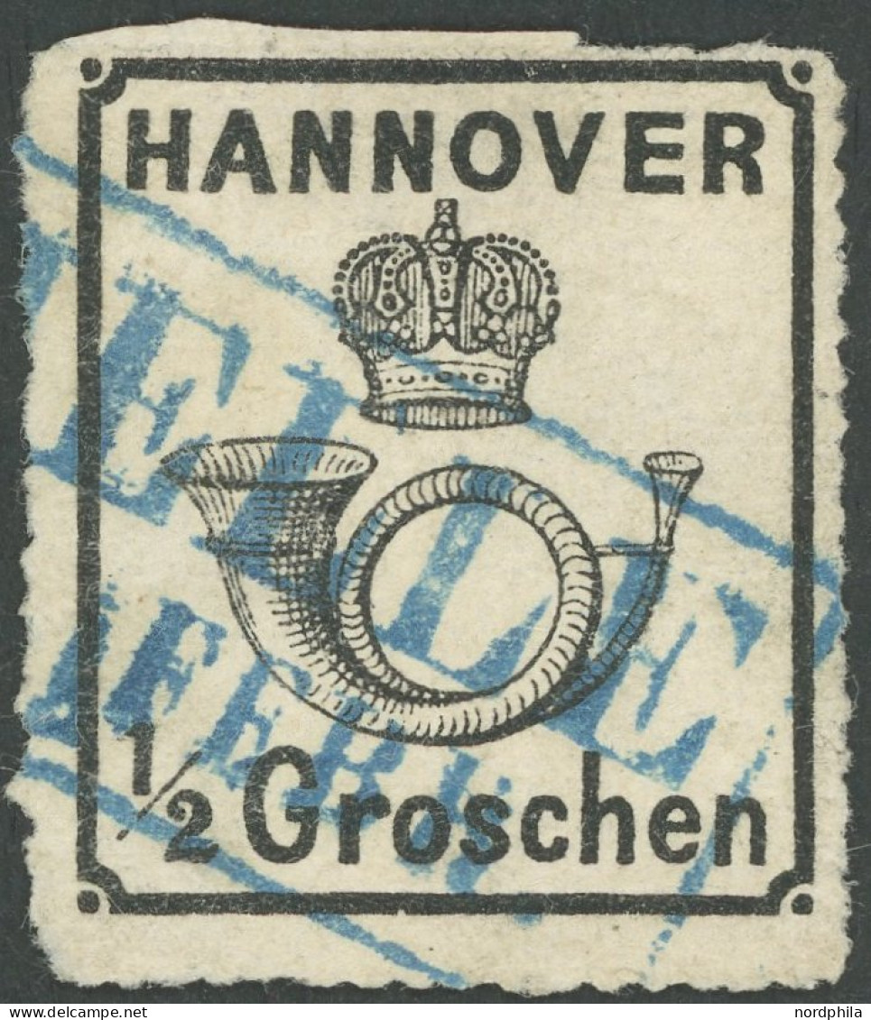 HANNOVER 22y O, 1864, 1/2 Gr. Schwarz, Blauer R2 MELLE, üblicher Durchstich, Pracht, Gepr. Pfenninger, Mi. 350.- - Hannover