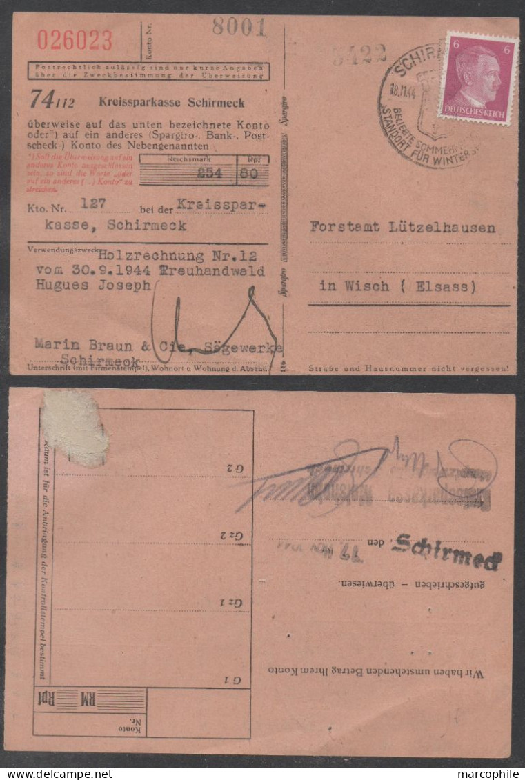 SCHIRMECK - ALSACE OCCUPEE - III REICH/ 1944 ORDRE DE VIREMENT ==> LUTZELHAUSEN - WISCHES  (ref 8187) - Covers & Documents