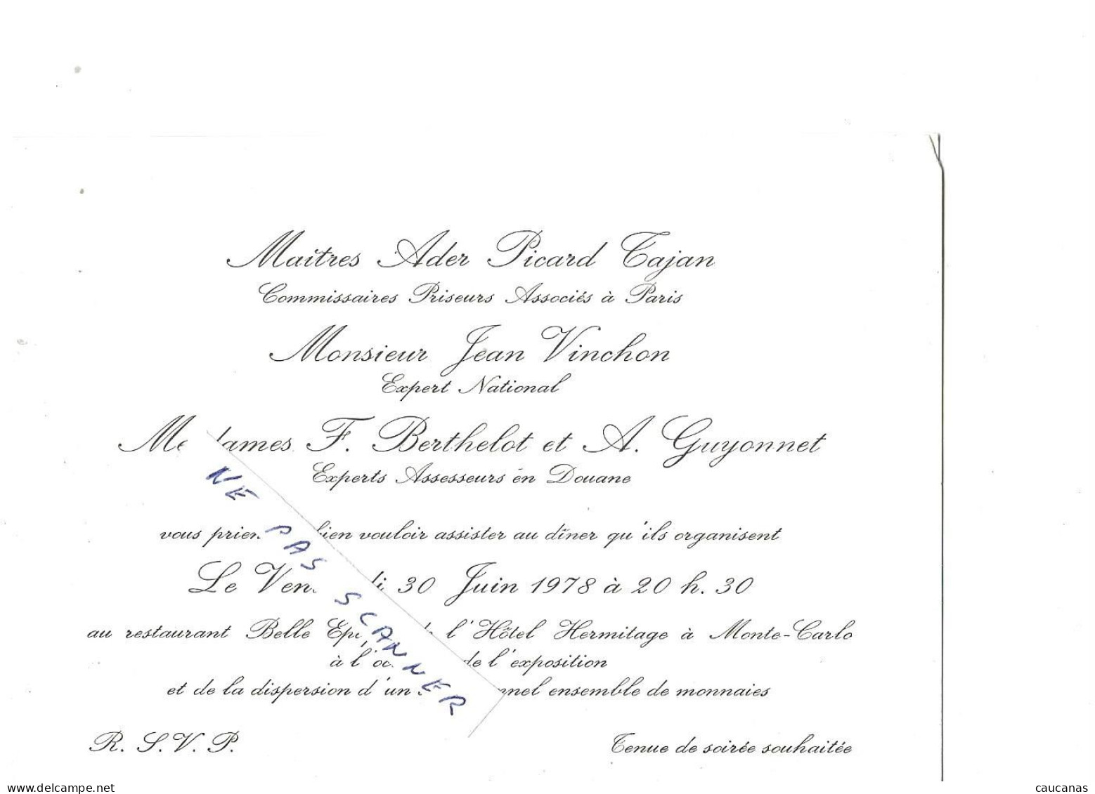 Hotel L'ERMITAGE  MONTE-CARLO  étude TAJAN  1978 Invitation A Un Cocktail - Unclassified