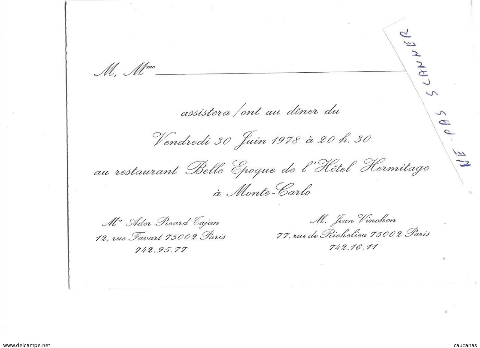 Hotel L'ERMITAGE  MONTE-CARLO  étude TAJAN  1978 Invitation A Un Cocktail - Ohne Zuordnung