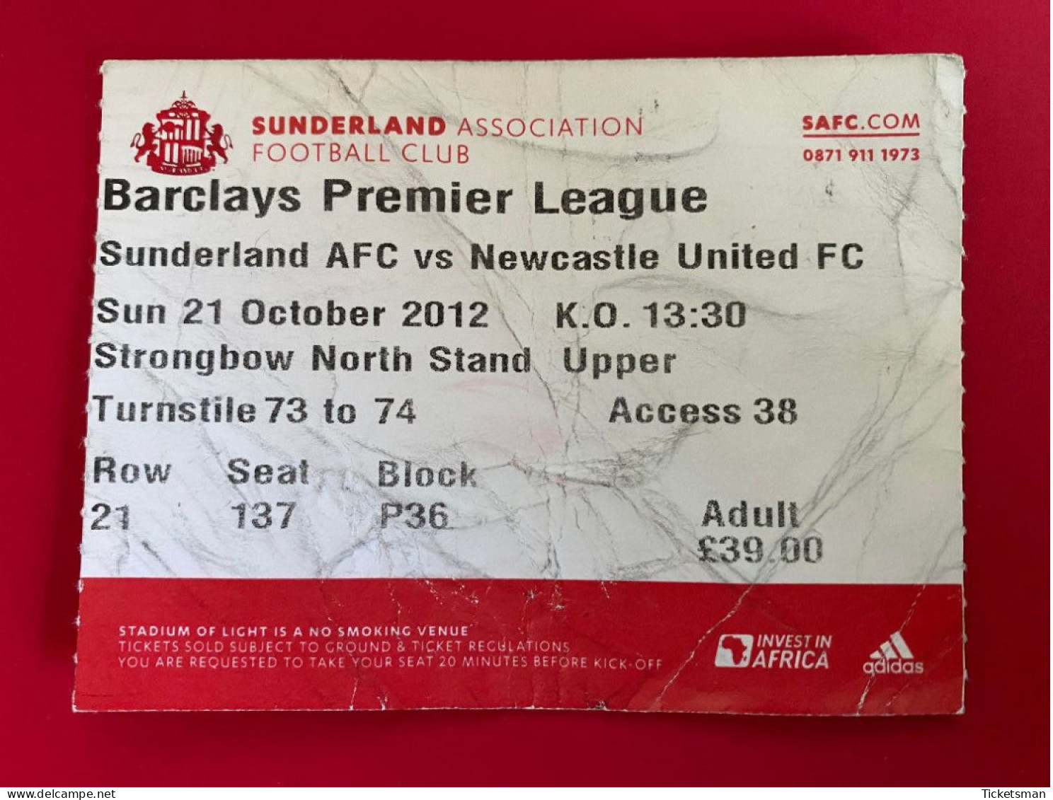 Football Ticket Billet Jegy Biglietto Eintrittskarte Sunderland AFC - FC Newcastle Utd 21/10/2012 - Tickets - Entradas