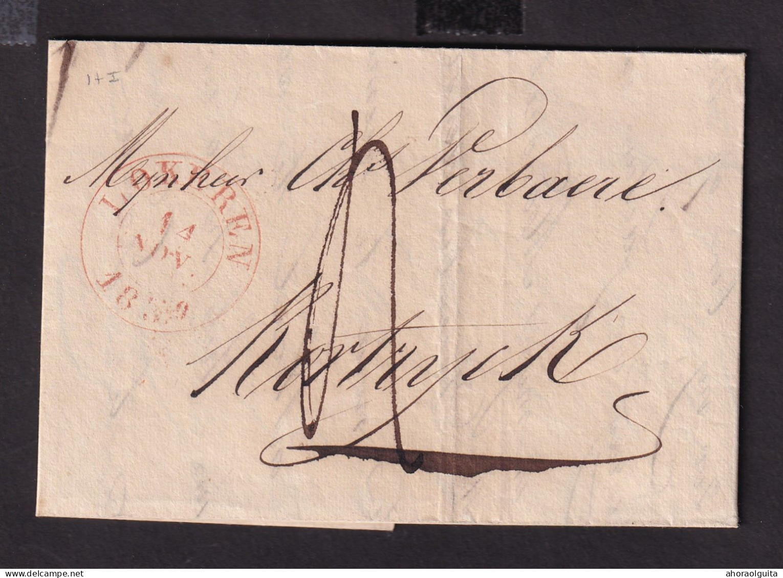 DDGG 072 - Lettre Précurseur LOKEREN 1839 Vers KORTRYCK - Port 4 Décimes - Signée Honoré Demoor - 1830-1849 (Onafhankelijk België)