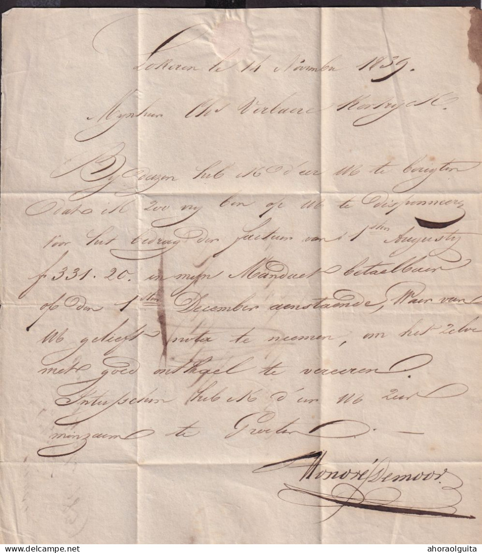 DDGG 072 - Lettre Précurseur LOKEREN 1839 Vers KORTRYCK - Port 4 Décimes - Signée Honoré Demoor - 1830-1849 (Onafhankelijk België)