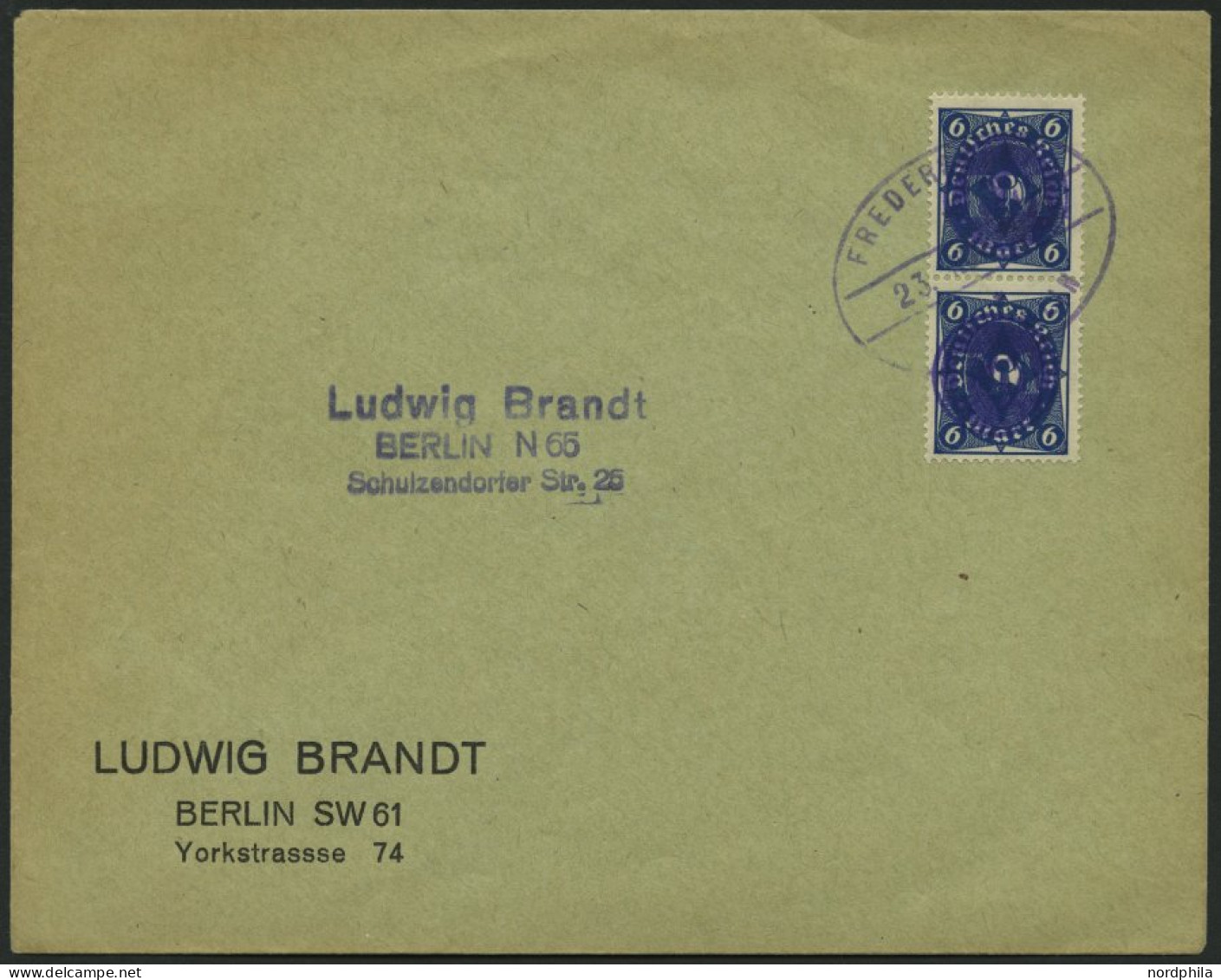 FREDERSDORF 67 Paar BRIEF, 1945, 6 Pf. Inflation Im Senkrechten Paar Auf Drucksache, Pracht - Other & Unclassified