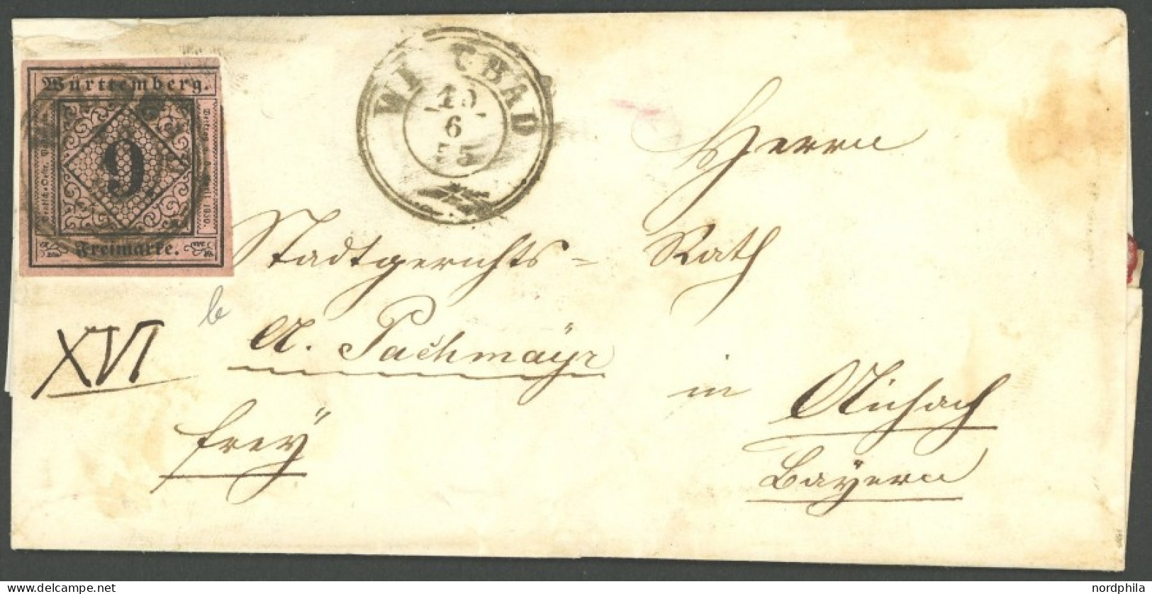 WÜRTTEMBERG 4b BRIEF, 1851, 9 Kr. Schwarz Auf Lebhaftrosa, Oben Rechts Etwas Angeschnitten Sonst Vollrandig Auf Kleiner  - Storia Postale