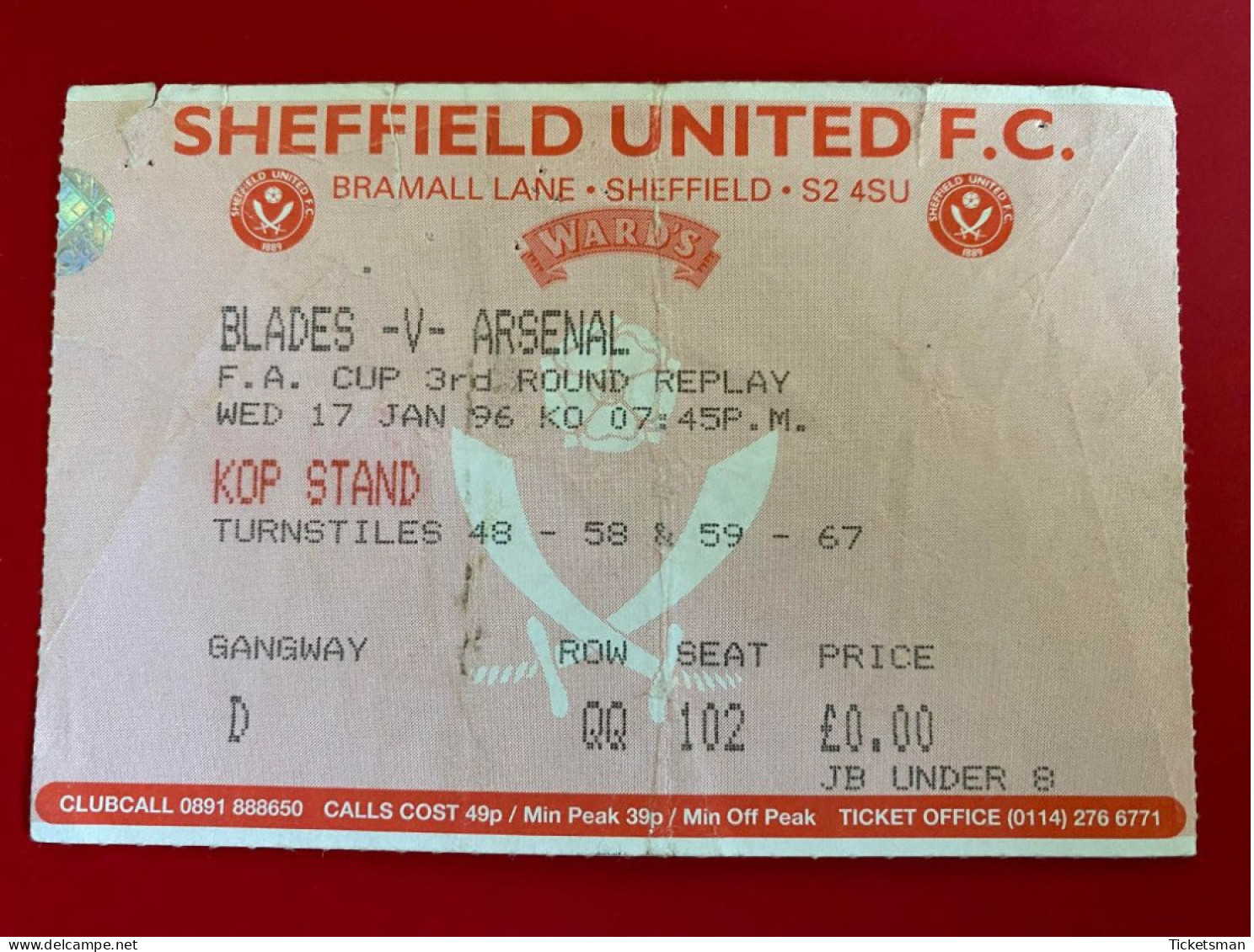 Football Ticket Billet Jegy Biglietto Eintrittskarte Sheffield United - Arsenal FC 17/01/1996 FA Cup - Tickets D'entrée