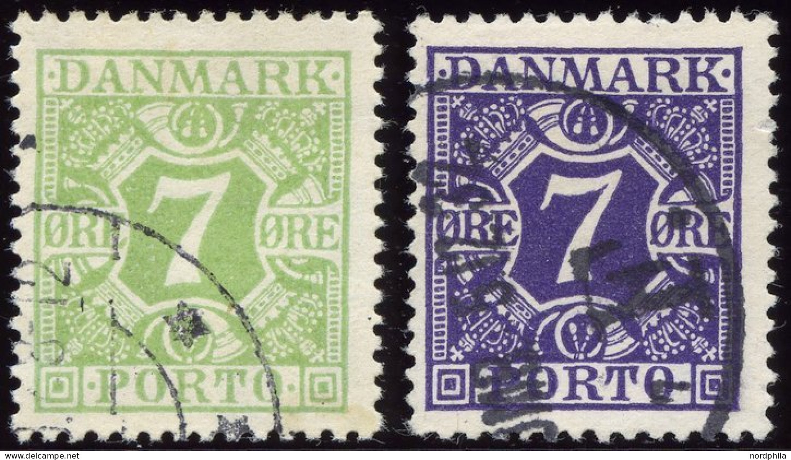 PORTOMARKEN P 12,21 O, 1927/30, 7 Ø Gelbgrün Und Bläulichviolett, 2 Prachtwerte, Mi. 64.- - Otros & Sin Clasificación