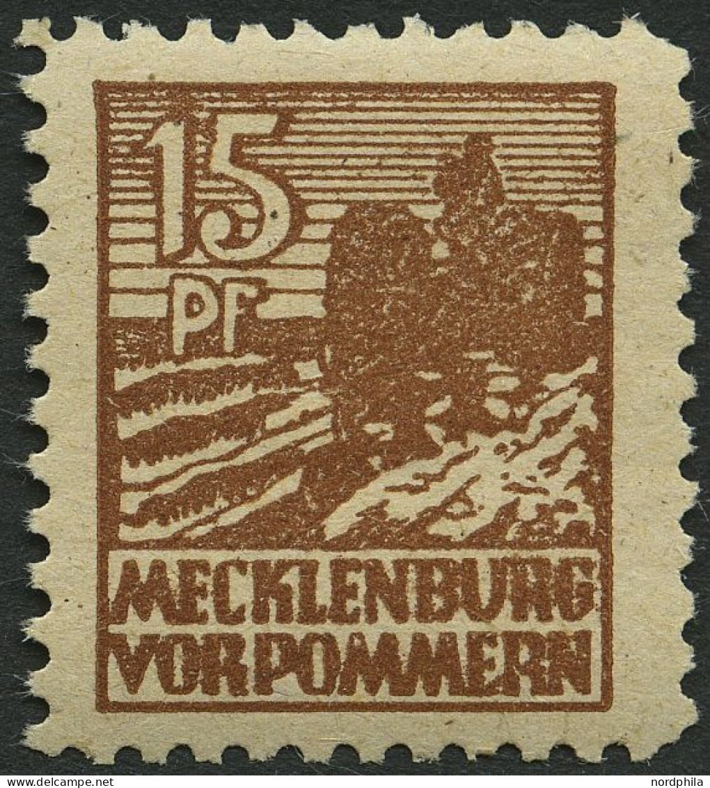 MECKLENBURG-VORPOMMERN 37yd **, 1946, 15 Pf. Mittelsiena, Graues Papier, Pracht, Gepr. Thom, Mi. 80.- - Other & Unclassified