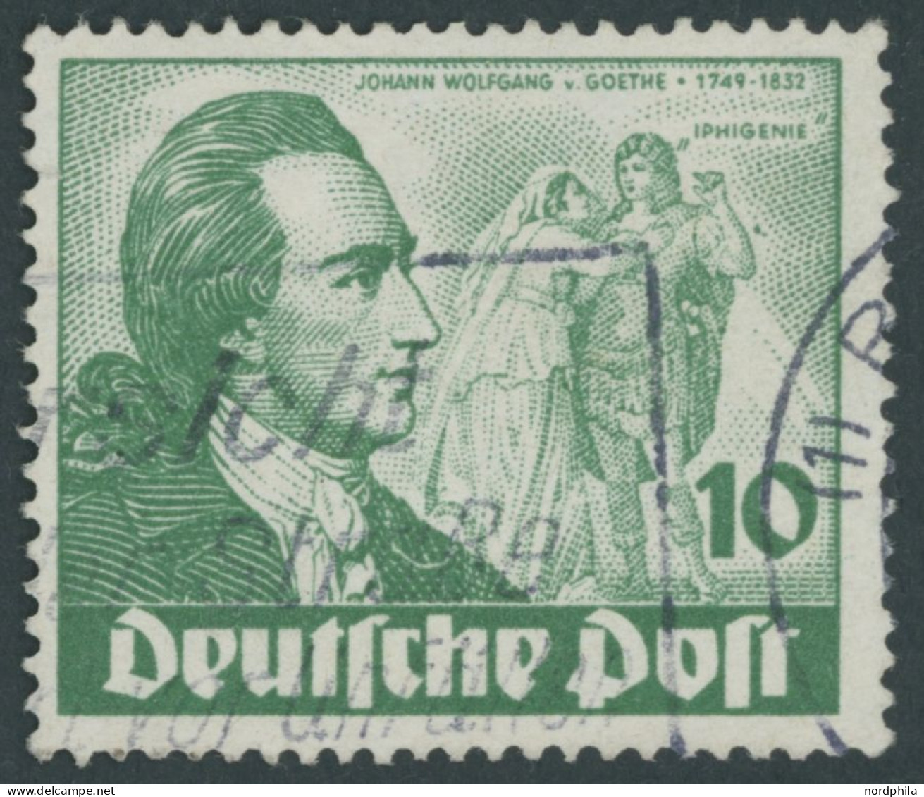 BERLIN 61I O, 1949, 10 Pf. Goethe Mit Abart Farbfleck Neben Rechtem Unterarm Des Darstellers, üblich Gezähnt Pracht, Mi. - Gebruikt