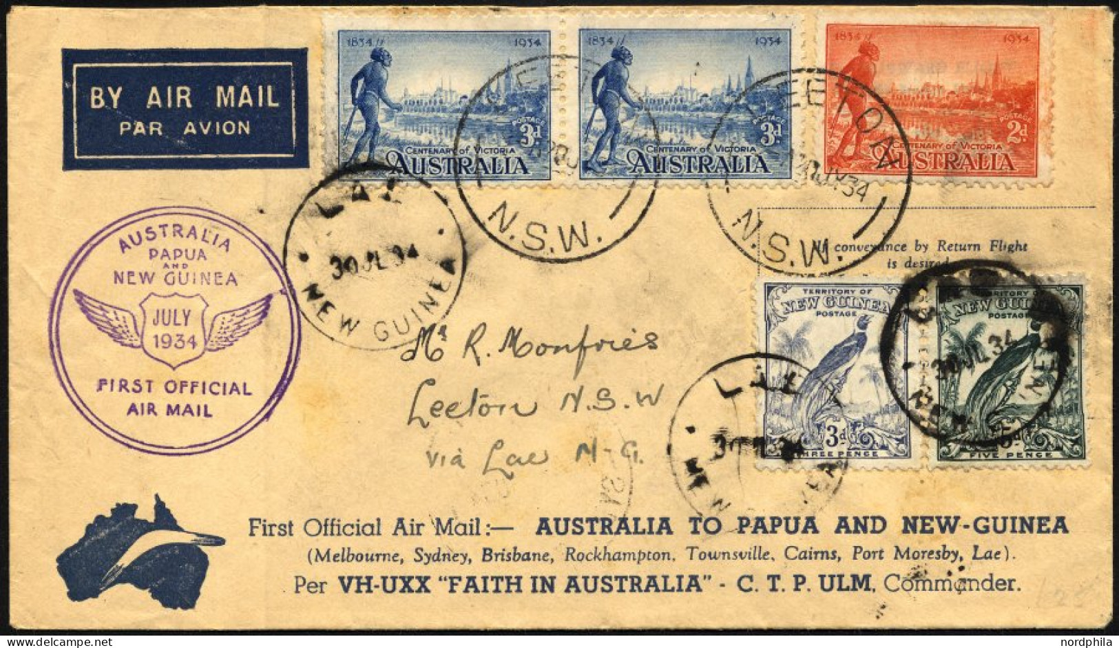 NEUGUINEA 30.7.1934, Erstflug SYDNEY-LAE (Rückflug), Mischfrankatur Mit Australien-Marken, Brief Feinst - Papoea-Nieuw-Guinea