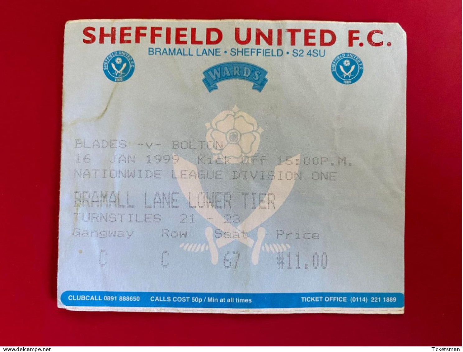 Football Ticket Billet Jegy Biglietto Eintrittskarte Sheffield United - Bolton Wand. 16/01/1999 - Tickets D'entrée
