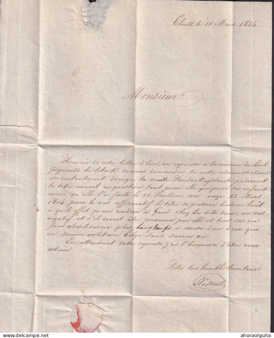 DDGG 074 - Lettre Précurseur THIELT 1834 Vers COURTRAI - Port 10 Cents - Indice Herlant 12 = 20 Euros - 1830-1849 (Belgica Independiente)