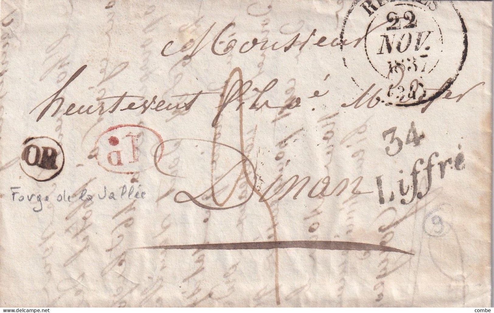 LETTRE. 22 NOV 1837. RENNES. ILLE ET VILLAINE. CURSIVE 34/Liffré. DECIME. ORIGINE RURALE OR =FORGE DE LA VALLEE POUR DIN - 1801-1848: Precursors XIX