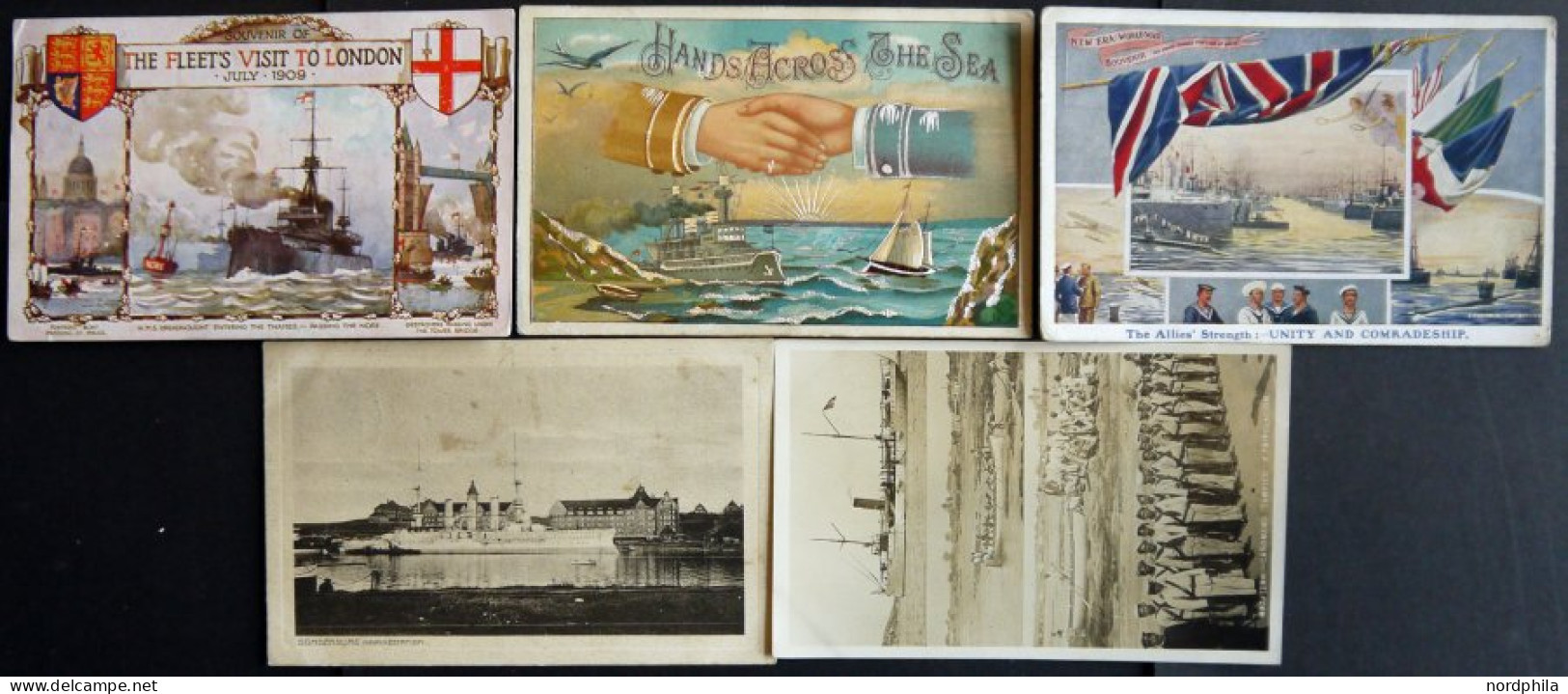 ALTE POSTKARTEN - SCHIFFE BIS 1949 5 Verschiedene Karten, U.a. The Fleet`s To London, Hands Across The Sea - Autres & Non Classés