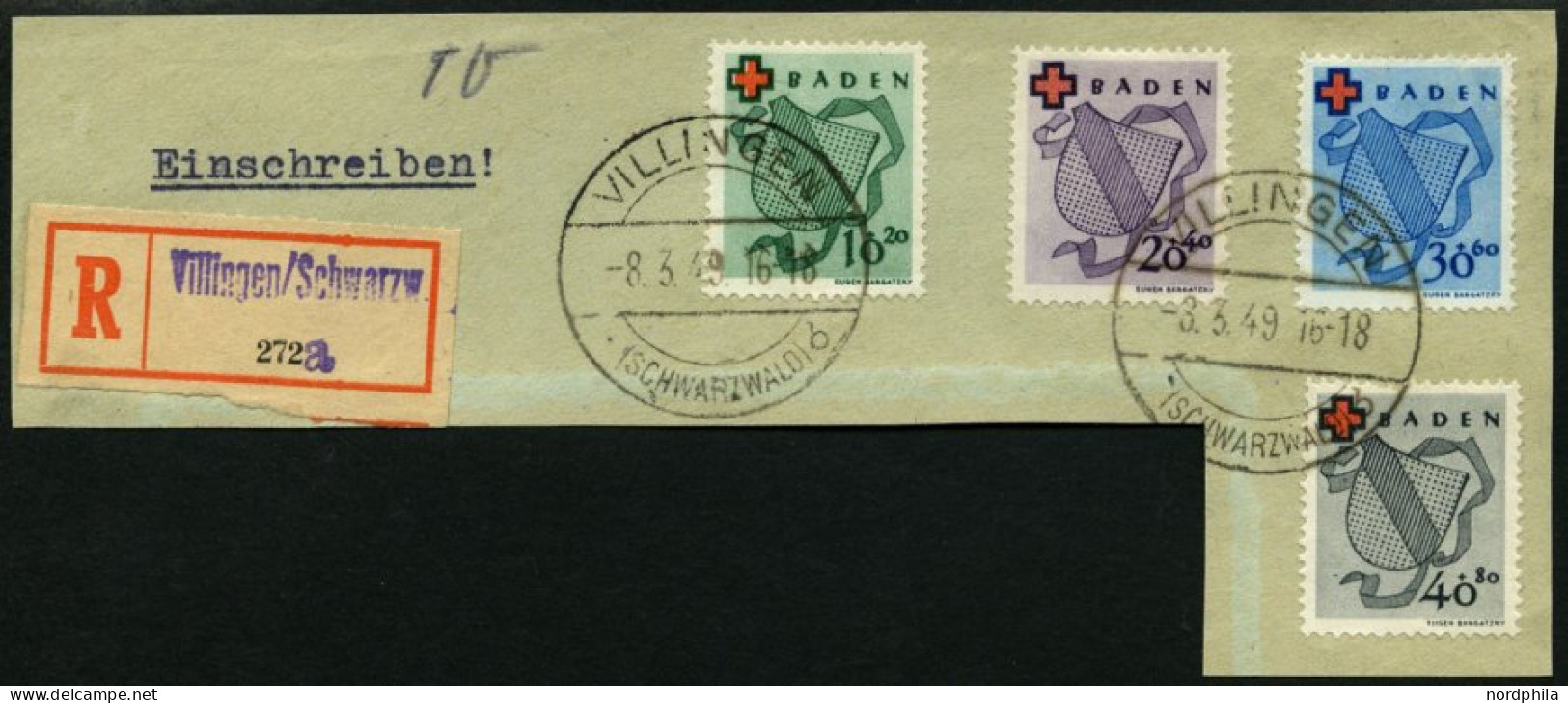 BADEN 42-45 BrfStk, 1949, Rotes Kreuz Auf Einschreibbriefstück Aus VILLINGEN, Pracht, Gepr. Schlegel, Mi. (400.-) - Baden