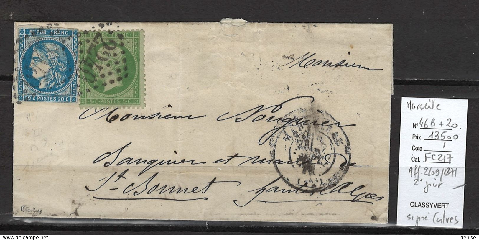 France - Lettre Du 02/09/1871- Deuxieme Jour Du Tarif Postal à 25 Cts - Marseille - Yvert 46B + 20 - 1849-1876: Klassik