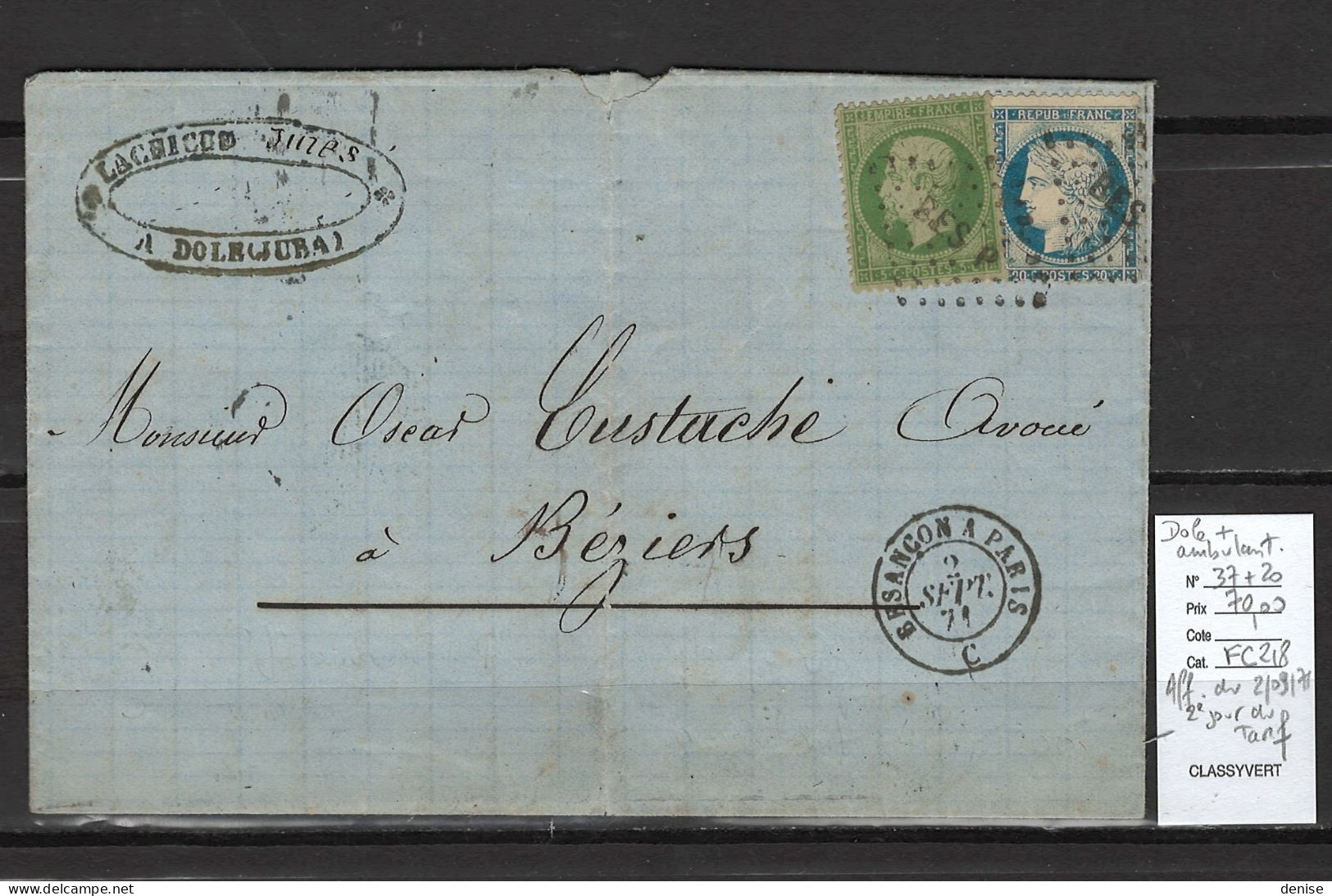 France - Lettre Du 02/09/1871- Deuxieme Jour Du Tarif Postal à 25 Cts - Dole - Jura - Yvert 37 + 20 - 1849-1876: Klassik