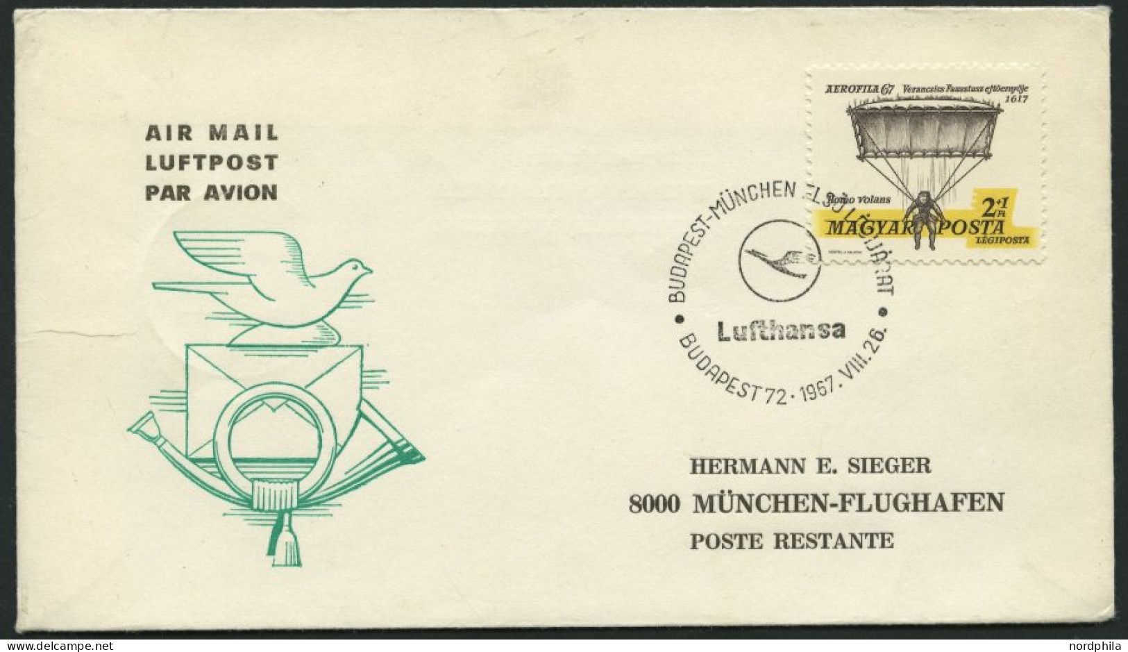 DEUTSCHE LUFTHANSA 953a BRIEF, 26.8.1967, Budapest-München, Prachtbrief - Cartas & Documentos