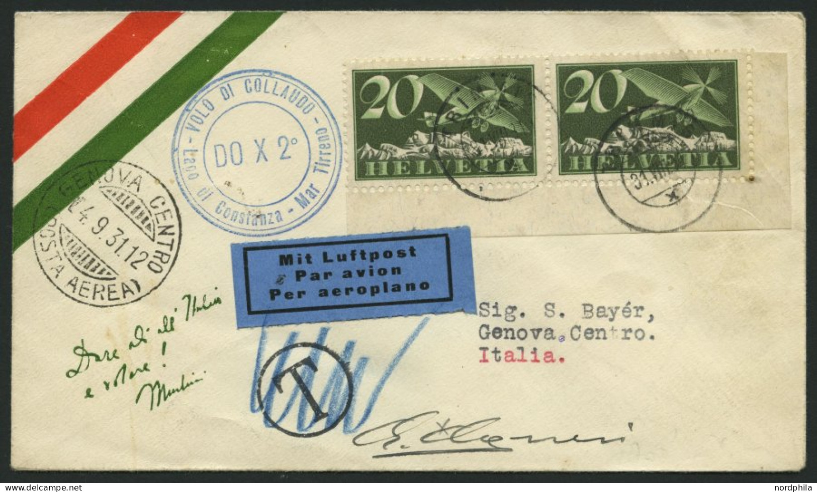 DO-X LUFTPOST DO X2.001.CH BRIEF, 31.08.1931, DO X 2, Postabgabe Trimmis, Blauer Zweikreiser VOLO DI COLLAUDO, Prachtbri - Erst- U. Sonderflugbriefe