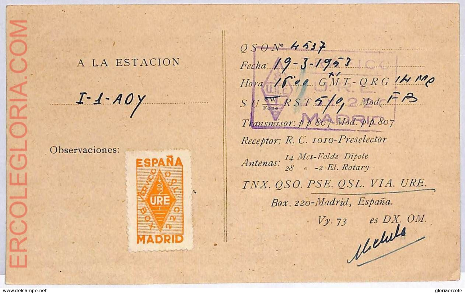 Ad9262 - SPAIN - RADIO FREQUENCY CARD  -  1953 - Radio