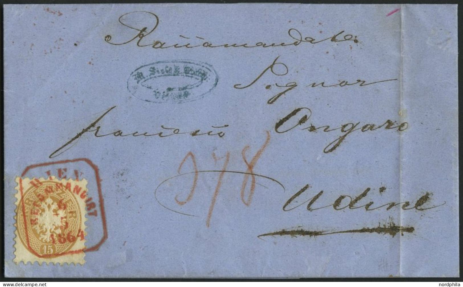 ÖSTERREICH 34 BRIEF, 1864, 15 Kr. Braun Auf Reco-Brief Mit Rotem R5 WIEN RECOMMANDIRT 1864 Nach Udine, Rückseitiges Port - Gebruikt