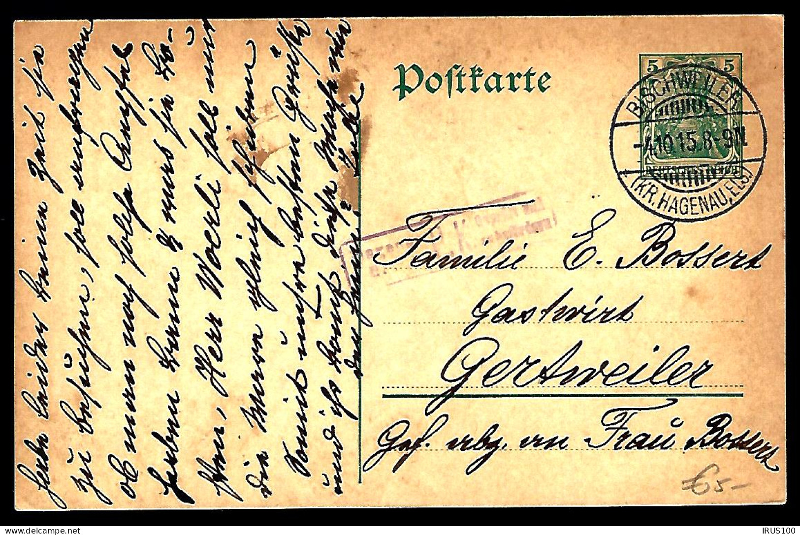 COURRIER DE BISCHWILLER - 1908 - POUR GERTWEILER - AFF: 5Pf GERMANIA - - Covers & Documents
