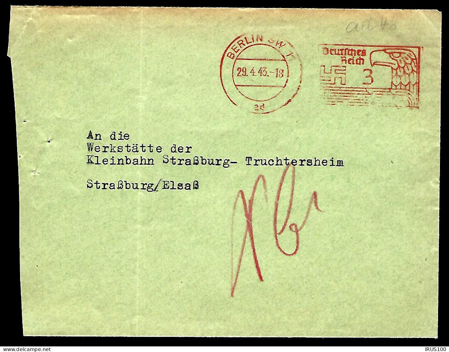 MARCOPHILIE - EMA - 1943 - BERLIN - POUR STRASBOURG - - Franking Machines (EMA)