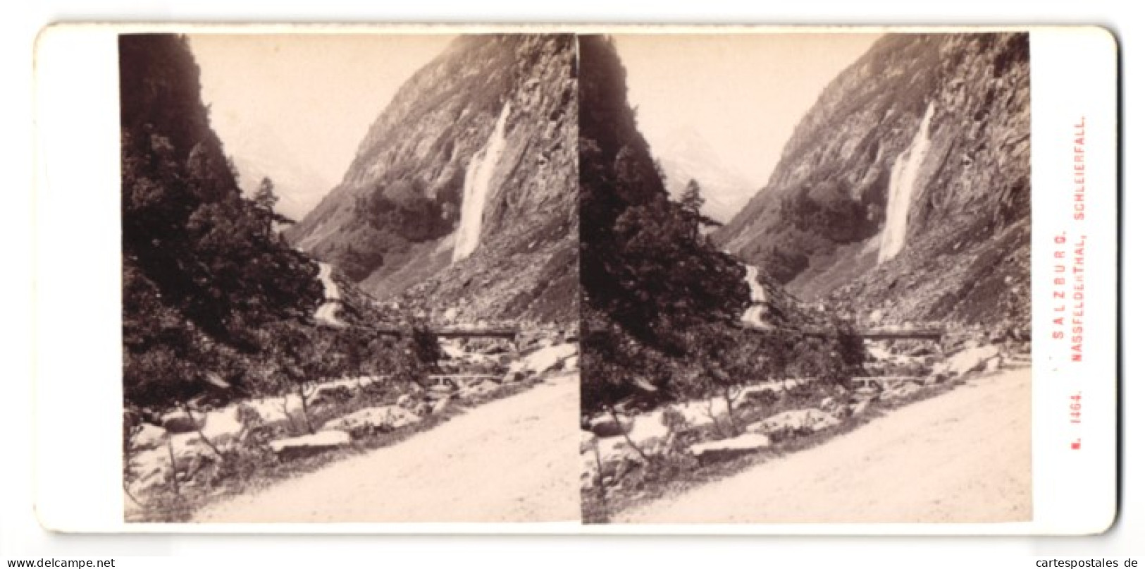 Stereo-Fotografie Alois Beer, Klagenfurt, Ansicht Salzburg, Nassfelderthal, Schleierfall  - Stereoscoop