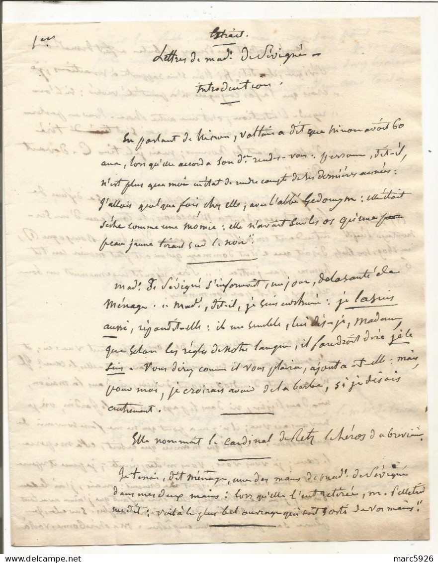 N°1995 ANCIENNE LETTRE EXTRAIT DES LETTRES DE MADAME DE SEVIGNE A DECHIFFRER PAS DE DATE - Historische Documenten