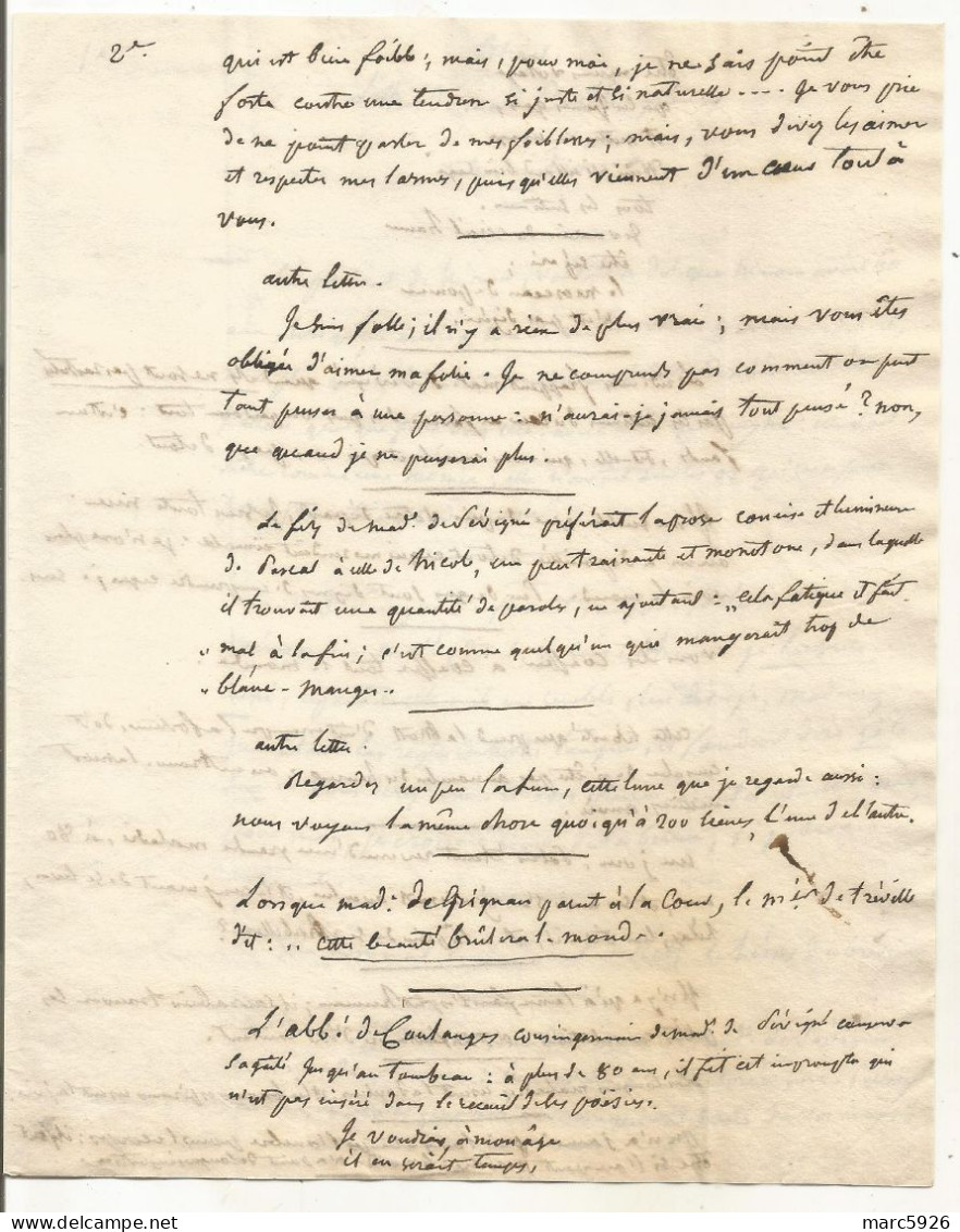 N°1995 ANCIENNE LETTRE EXTRAIT DES LETTRES DE MADAME DE SEVIGNE A DECHIFFRER PAS DE DATE - Historische Documenten