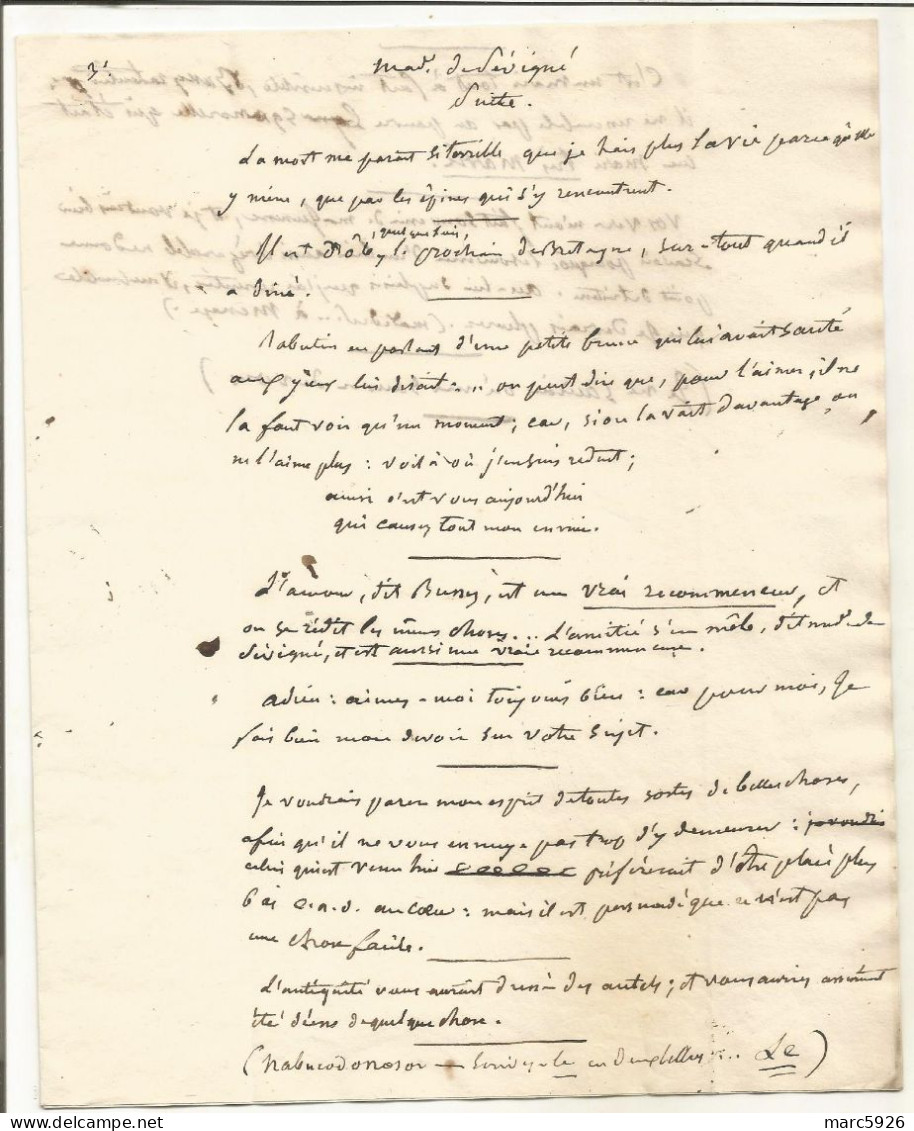 N°1995 ANCIENNE LETTRE EXTRAIT DES LETTRES DE MADAME DE SEVIGNE A DECHIFFRER PAS DE DATE - Historische Dokumente