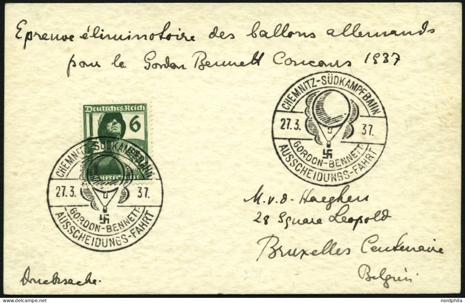 Dt. Reich 644 BRIEF, 1937, 6 Pf. Luftschutz Auf Drucksachenkarte Nach Belgien, Sonderstempel Anlässlich Der Ausscheidung - Covers & Documents