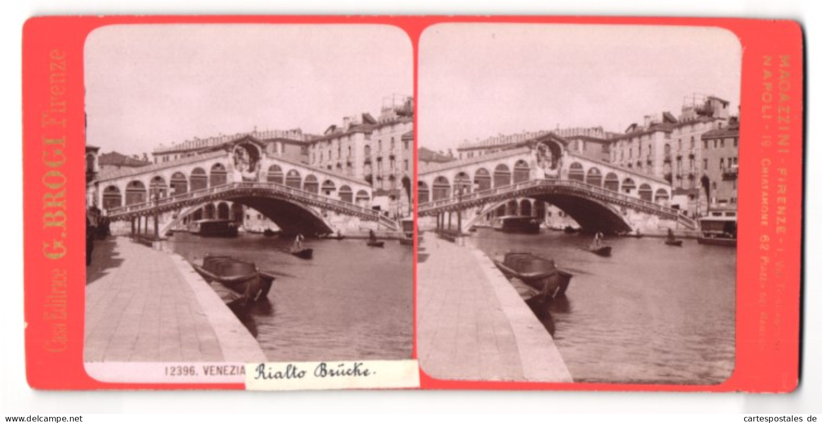 Stereo-Foto G. Brogi, Firenze, Ansicht Venezia, Rialto Brücke, Gondelkahn  - Stereoscopic